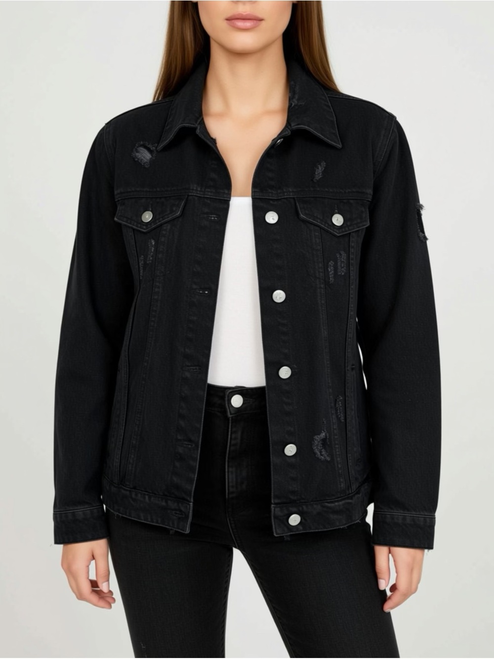 Fashion Nova Black Distressed Denim Jacket - Women's Trucker Leo lion king - Picture 2 of 6